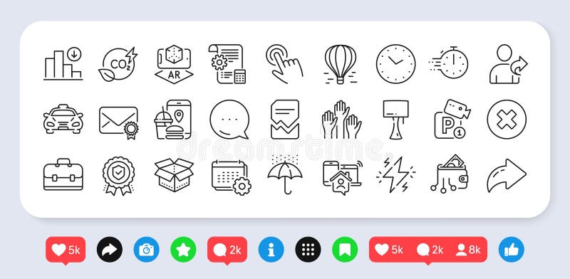 Augmented reality, Verified mail and Open box line icons pack. For web app. Social media icons. Vector vector illustration