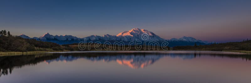 AUGUST 30, 2016 - Mount Denali at Wonder Lake, previously known as Mount McKinley, the highest mountain peak in North America, at 20, 310 feet above sea level. Located in the Alaska Range, Denali National Park and Preserve, Alaska - shot at Sunrise. AUGUST 30, 2016 - Mount Denali at Wonder Lake, previously known as Mount McKinley, the highest mountain peak in North America, at 20, 310 feet above sea level. Located in the Alaska Range, Denali National Park and Preserve, Alaska - shot at Sunrise.