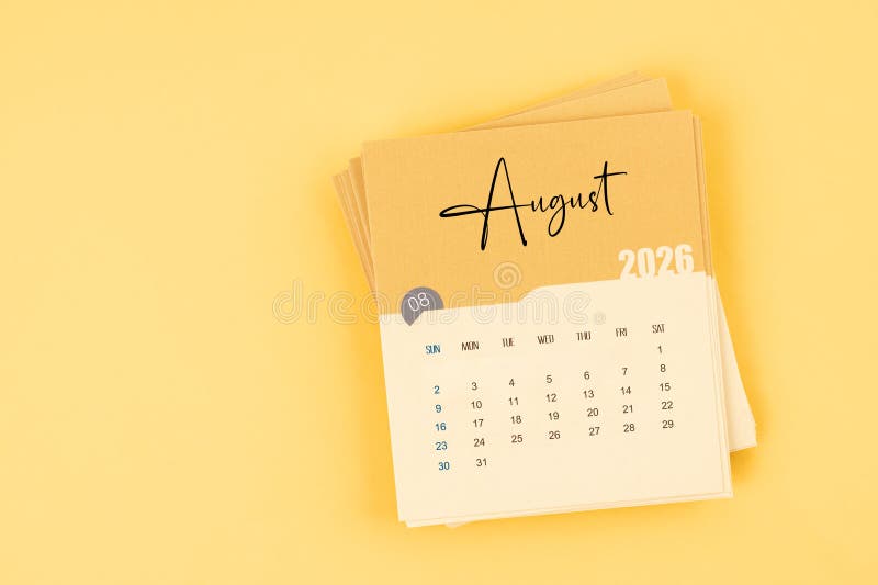 August 2026 Calendar Card on Yellow Color Background with ...