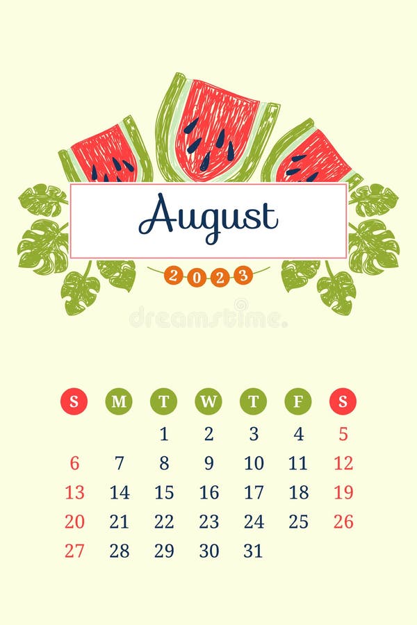 August Calendar 2023. Watermelon Fruits. Week Starts on Sunday Stock