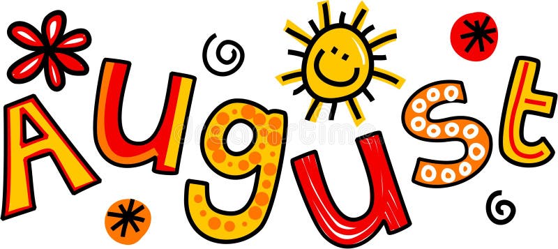 August Clip Art. Whimsical cartoon text doodle for the month of August stock illustration