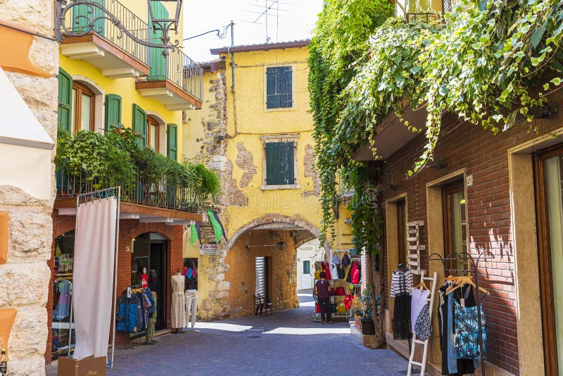 August 18 2019 - Garda, Verona, Italy - touristic village shopping street stock photos August 18 2019 - Garda, Verona, Italy - touristic village shopping street stock photos