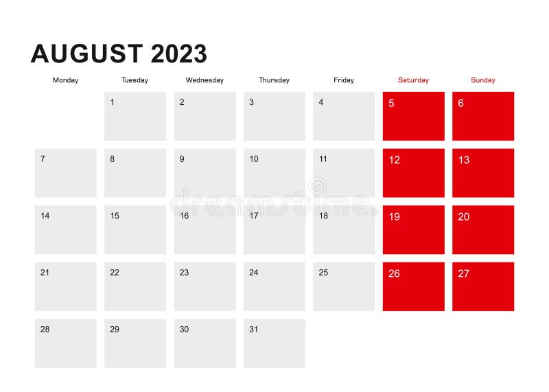 2023 August Planner Calendar Design. Week Starts from Monday Stock