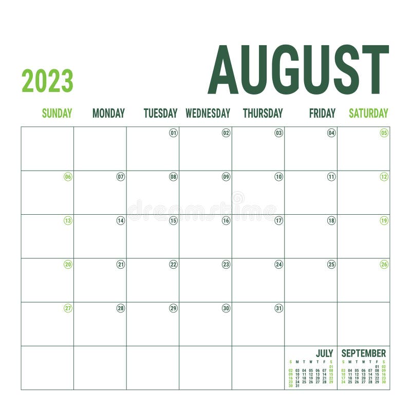August. Planner 2023 Year. English Vector Square Calendar Template