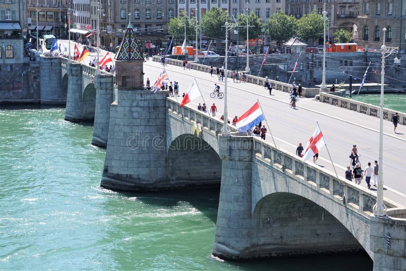 Middle bridge in Basel Switzerland with pedestrians stock image Middle bridge in Basel Switzerland with pedestrians stock image