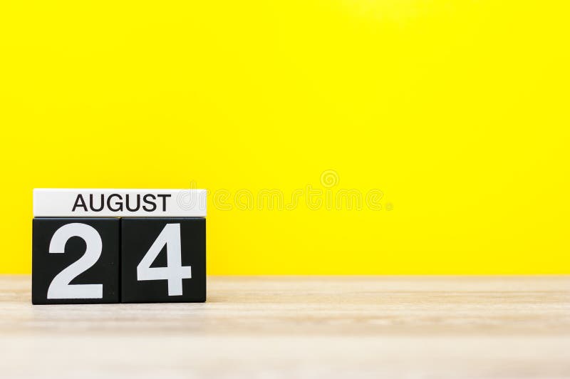 August 24th. Image of august 24, calendar on yellow background with empty space for text. Summer time.