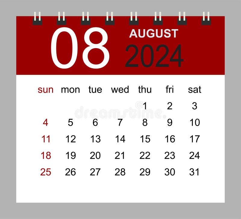 August 2024. Vector Monthly Calendar Template 2024 Year in Simple Style
