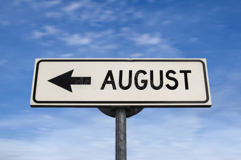 August white road sign with arrow, arrow on blue sky background stock images August white road sign with arrow, arrow on blue sky background stock images
