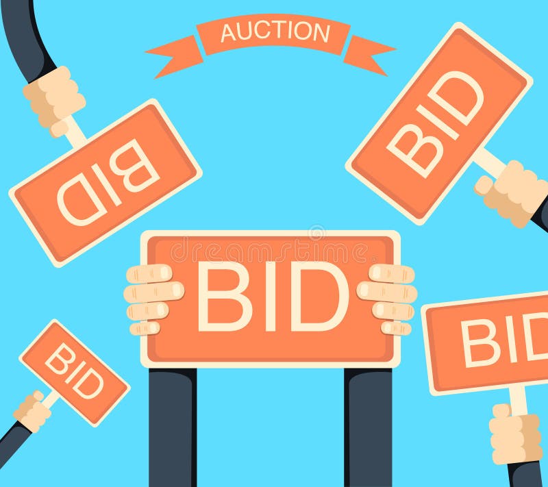 Auktionera bort och bjuda banret med händer som rymmer bords stock illustrationer Auktionera bort och bjuda banret med händer som rymmer bords stock illustrationer