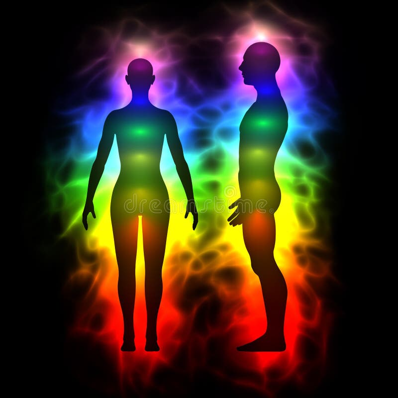 Aura, healing energy, extrasensory perception - woman and man silhouette