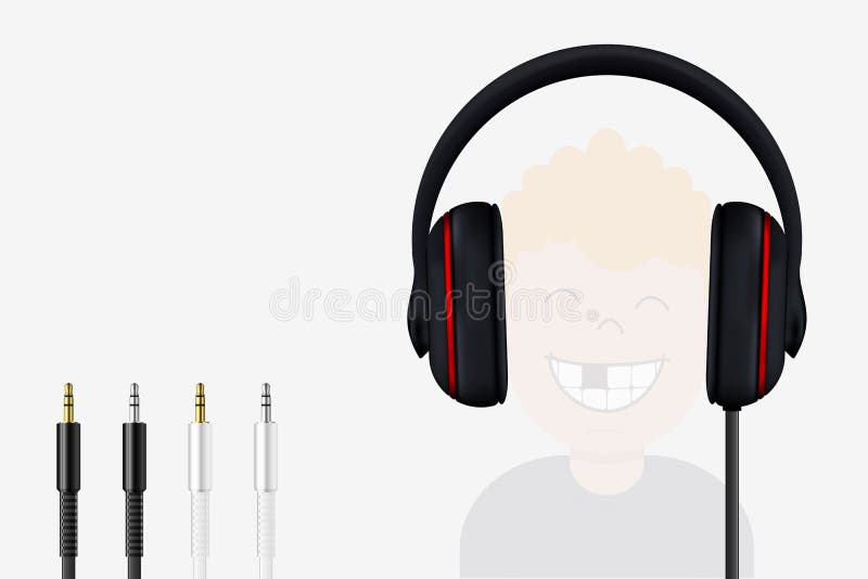 Auricular y Mini Jack Plugs Muchacho alegre que escucha la música libre illustration Auricular y Mini Jack Plugs Muchacho alegre que escucha la música libre illustration