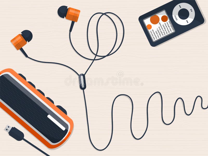 Auriculares, jugador de música y mini locutor en la tabla con el lugar para su texto stock de ilustración Auriculares, jugador de música y mini locutor en la tabla con el lugar para su texto stock de ilustración