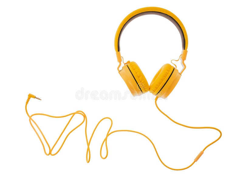 Auriculares u ordenador amarillos del auricular aislado en un fondo blanco