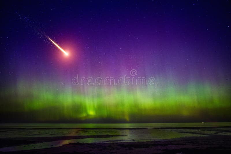 Falling comet and Aurora Borealis