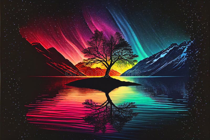 Aurora borealis lone copac reflectat peste apa lacului vector illustration
