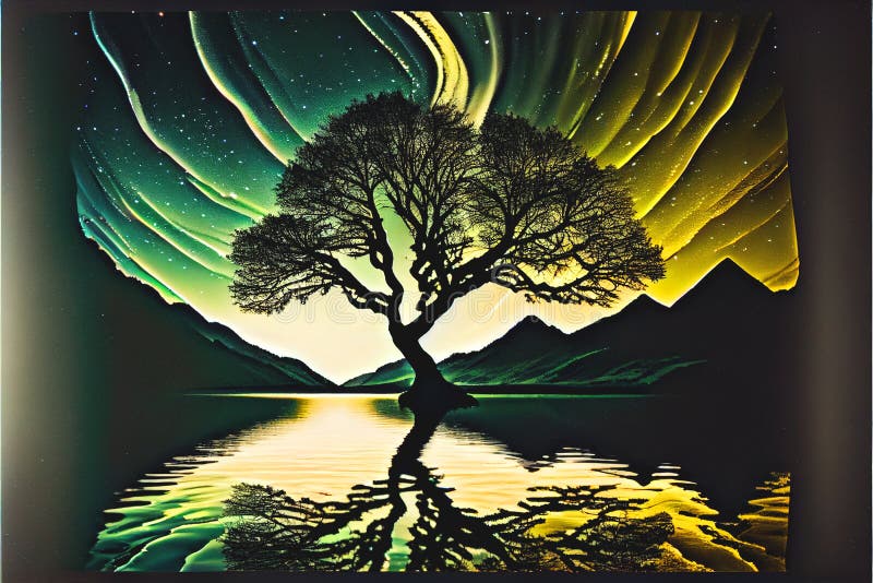 Aurora borealis lone copac aurora borealis reflectând deasupra apei lacului vector illustration