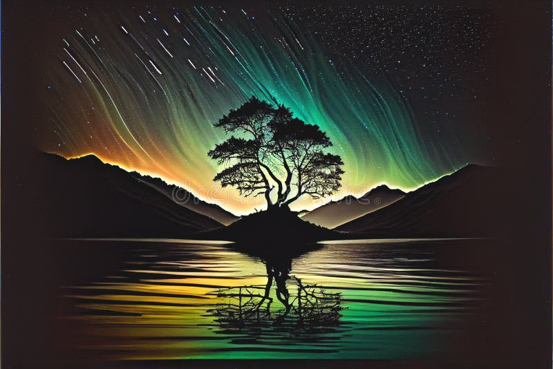 Aurora borealis lone copac aurora borealis reflectând deasupra apei lacului royalty free illustration