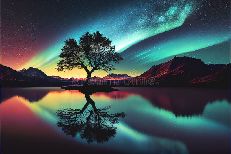 Aurora borealis lone copac aurora borealis reflectând deasupra apei lacului royalty free illustration