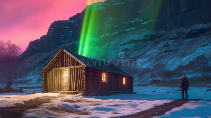 Aurora borealis, luce verde polare, luce illuminante casa, minuscola figura umana, generativa illustrazione vettoriale