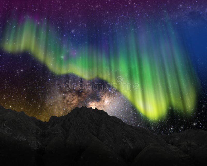 Picture of Aurora Borealis or Northern lights and milky way near the arctic circle. Picture of Aurora Borealis or Northern lights and milky way near the arctic circle