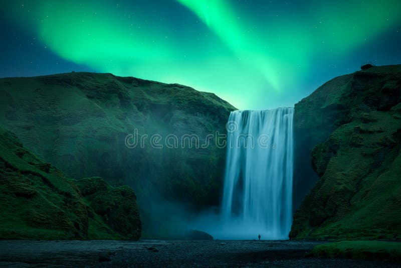Aurora borealis nad słynnym wodospadem skogafosów nad rzeką skoga fotografia royalty free