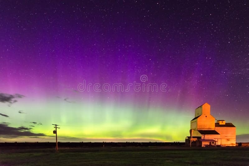 Aurora Borealis Northern Lights over Grain Elevator in Pennant, Saskatchewan