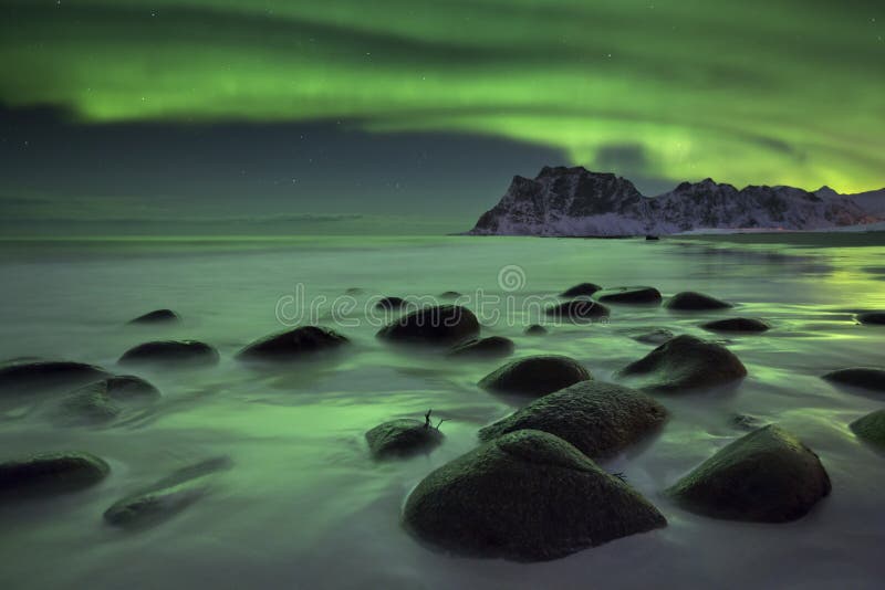Aurora borealis sobre uma praia no Lofoten em Noruega fotografia de stock Aurora borealis sobre uma praia no Lofoten em Noruega fotografia de stock