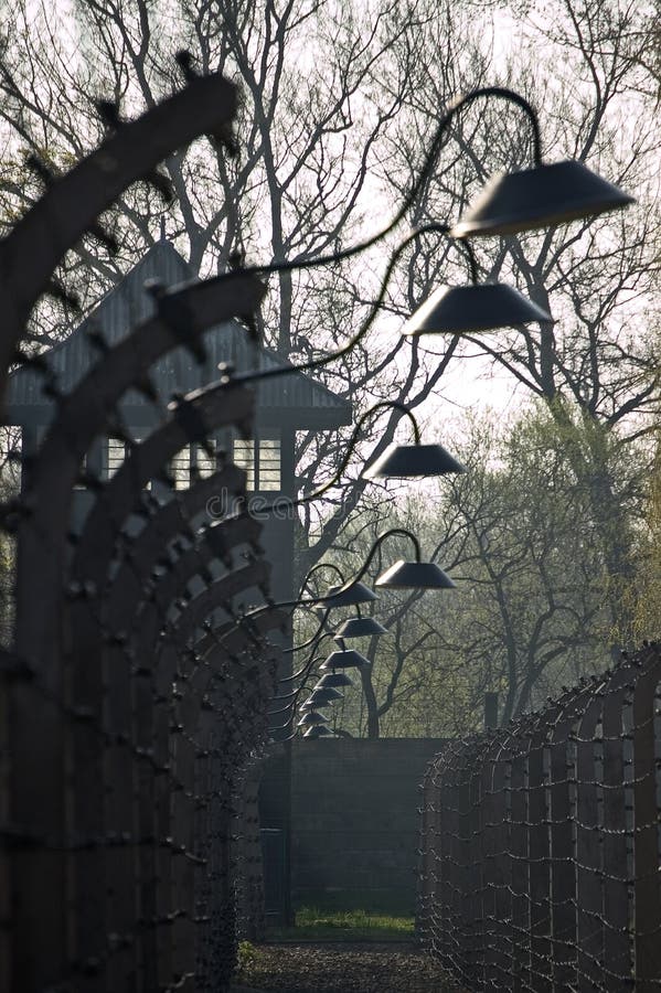 Auschwitz-Stacheldraht und Lampen lizenzfreie stockfotografie