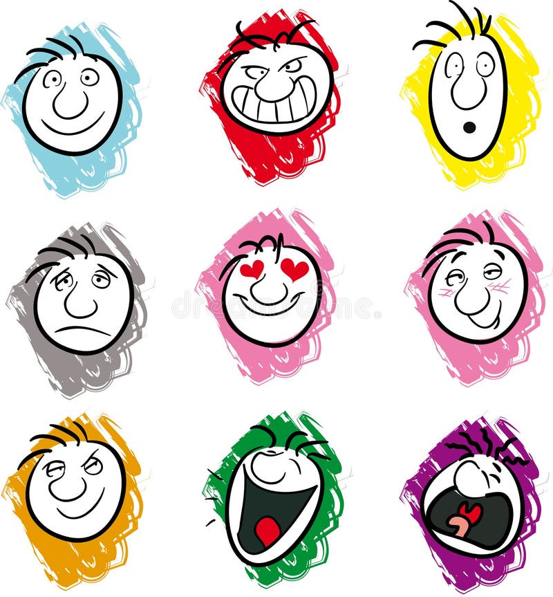 Nine illustrations showing different emotions or moods. Nine illustrations showing different emotions or moods