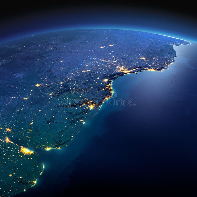 Ausf?hrliche Erde 3d sehr sch?ne dreidimensionale Abbildung, Abbildung Rio de La Plata auf einer mondbeschienen Nacht