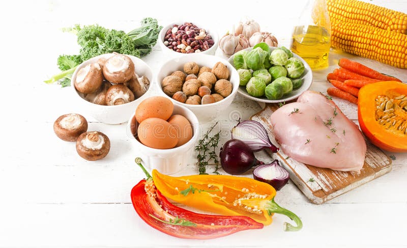 Balanced diet. Healthy food concept. Fresh fruits, vegetables and chicken breast. View from above. Balanced diet. Healthy food concept. Fresh fruits, vegetables and chicken breast. View from above