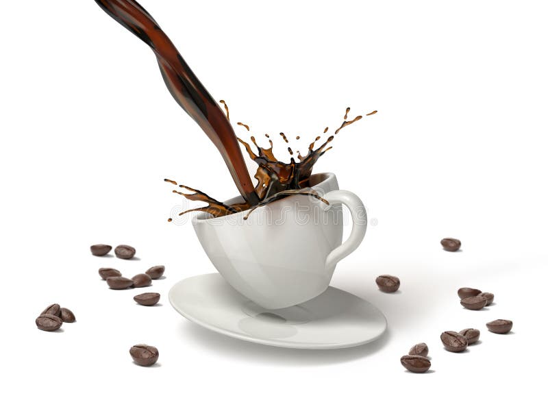 Auslaufender Kaffee mit Spritzen in der weißen Schale, die auf Untertasse springt lizenzfreie stockfotos Auslaufender Kaffee mit Spritzen in der weißen Schale, die auf Untertasse springt lizenzfreie stockfotos