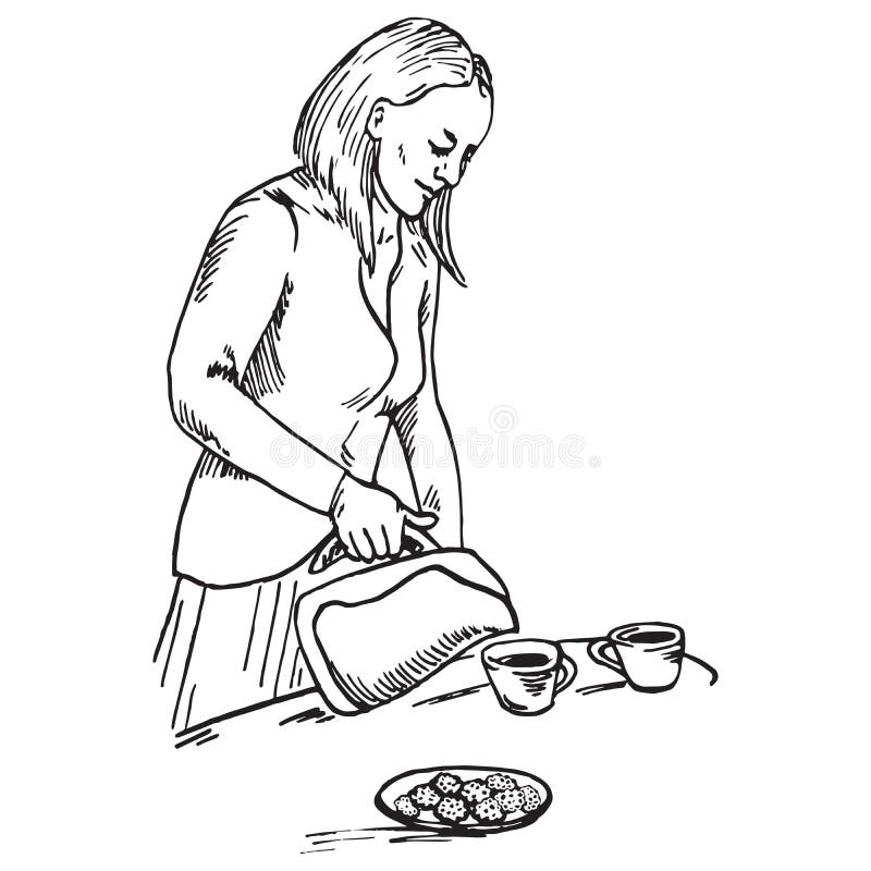 Auslaufender Tee der Schönheit in den Schalen, die auf dem Tisch nahe Platte mit Plätzchen stehen vektor abbildung Auslaufender Tee der Schönheit in den Schalen, die auf dem Tisch nahe Platte mit Plätzchen stehen vektor abbildung