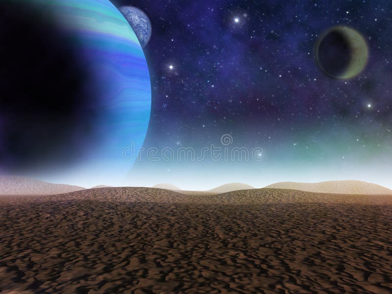 Alien planet. The view of planets and moons from a sandy desert. - Artist impression of fantasy landscape. Alien planet. The view of planets and moons from a sandy desert. - Artist impression of fantasy landscape