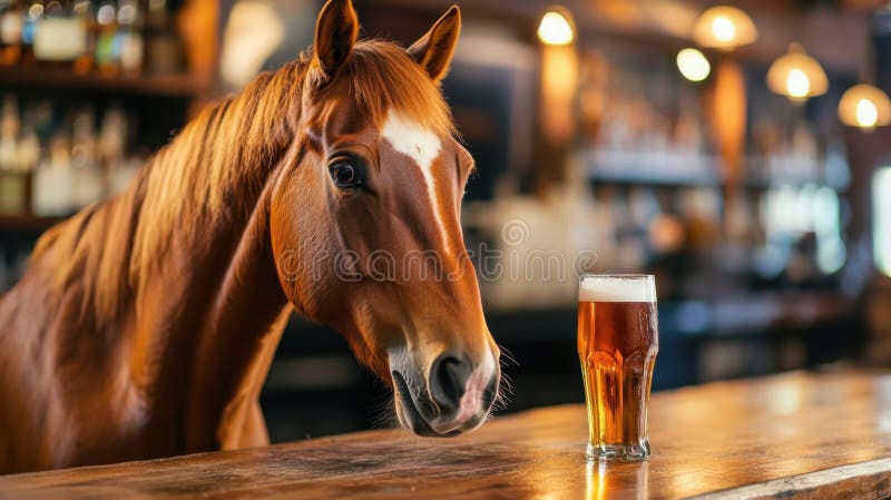 Ausritte zu einem Pferd an der Bar, um einen entspannenden Abend in einer Bar mit einem Glas Bier zu genießen stock abbildung