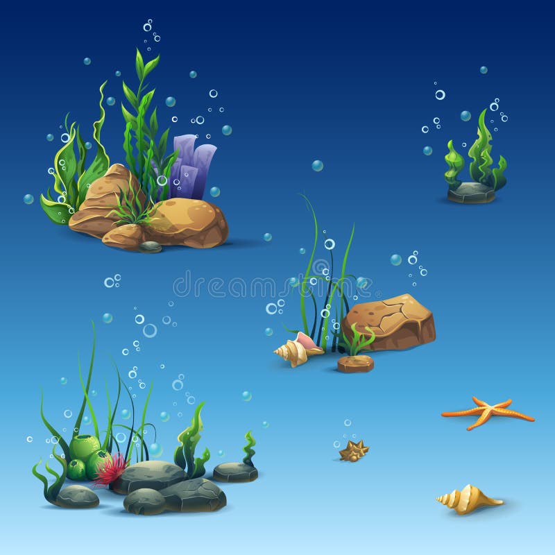 Ausrüstung der Unterwasserwelt mit Oberteil, Meerespflanze, Starfish, Steine lizenzfreie abbildung Ausrüstung der Unterwasserwelt mit Oberteil, Meerespflanze, Starfish, Steine lizenzfreie abbildung