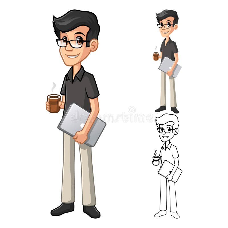 Aussenseiter-Mann mit den Gläsern, die eine Kaffee-und Notizbuch-Zeichentrickfilm-Figur halten vektor abbildung Aussenseiter-Mann mit den Gläsern, die eine Kaffee-und Notizbuch-Zeichentrickfilm-Figur halten vektor abbildung