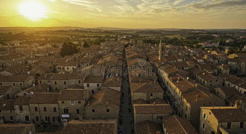 Aussicht auf eine mittelalterliche Stadt bei Sonnenuntergang : AI Generatives Bild vektor abbildung