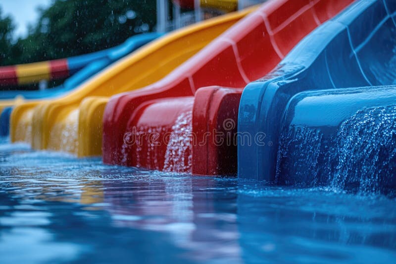 Aussicht auf eine Wasserrutsche in einem Pool mit hellem Sonnenlicht und glasklarem Wasser stockfoto
