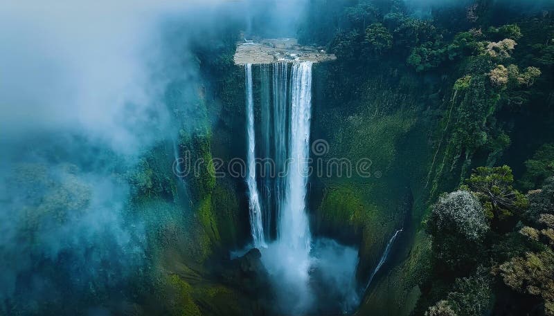 Aussicht aus der Luft auf einen gewaltigen Wasserfall, umgeben von Felsen und nebeliger Vegetation lizenzfreie stockbilder