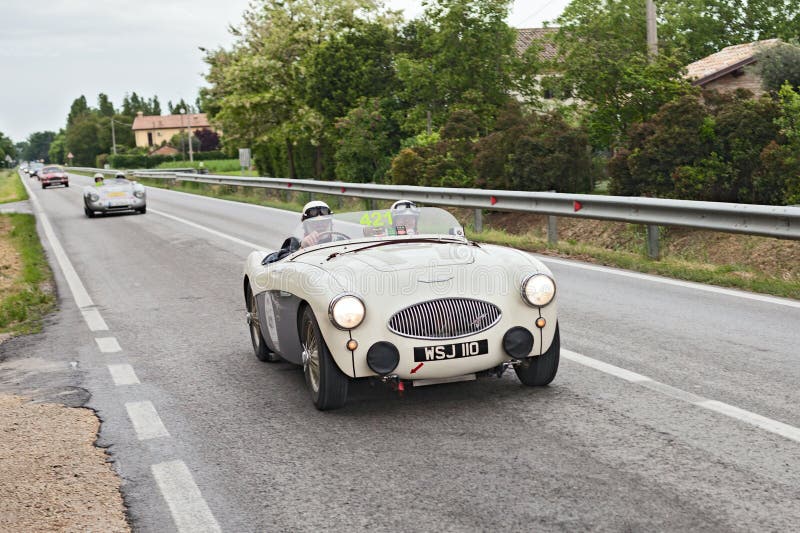 Austin Healey 100 S (1955) na reunião Mille Miglia 2013 imagens de stock Austin Healey 100 S (1955) na reunião Mille Miglia 2013 imagens de stock