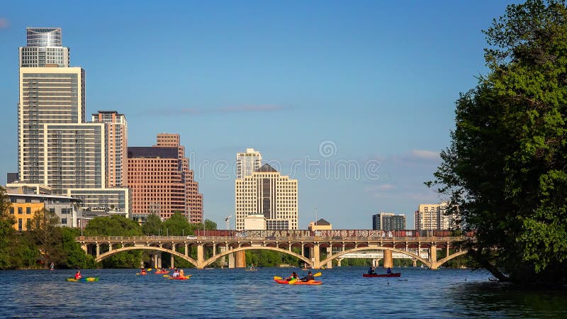 Austin Skyline and Kayaking on Colorado River in Texas stock photography Austin Skyline and Kayaking on Colorado River in Texas stock photography