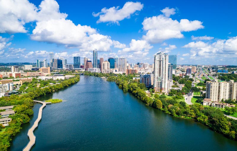 Austin Texas Aerial Drone View Green Landscape Summer Puffy Clouds