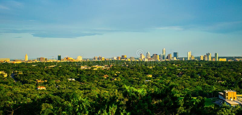 Austin texas skyline blue sky day panoramic greenbelt view