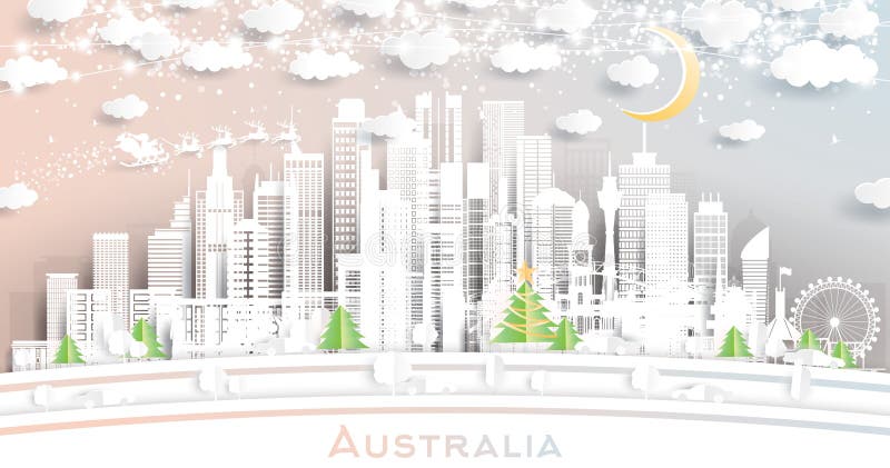 Australia City Skyline in Paper Cut Style with Snowflakes, Moon and Neon Garland. Vector Illustration. Christmas and New Year Concept. Santa Claus on Sleigh. Australia Cityscape with Landmarks