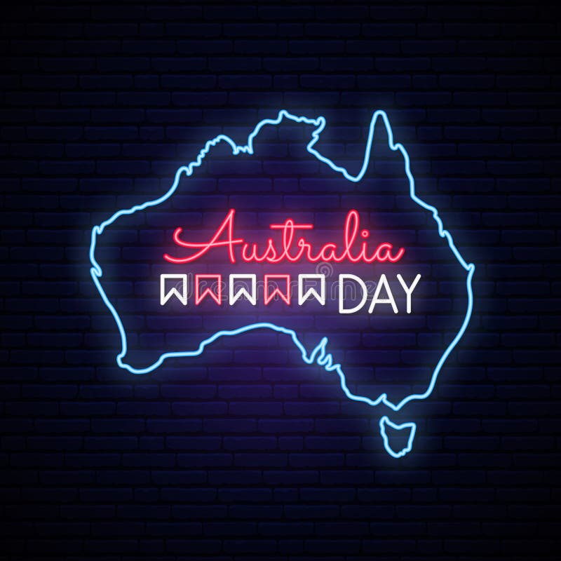 Australia Day. Neon Sign On Brick Wall. Map Of Australia. Australian