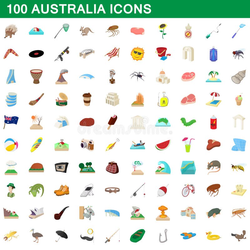 100 australia icons set in cartoon style for any design illustration. 100 australia icons set in cartoon style for any design illustration