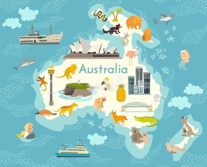 Australia kontynent, światowa wektorowa mapa z punkt zwrotny kreskówki ilustracją