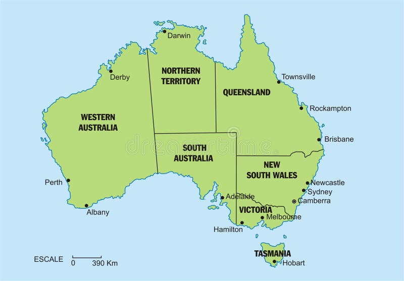 Je Austrálie na mapě, s territorries oddělené a hlavní města.