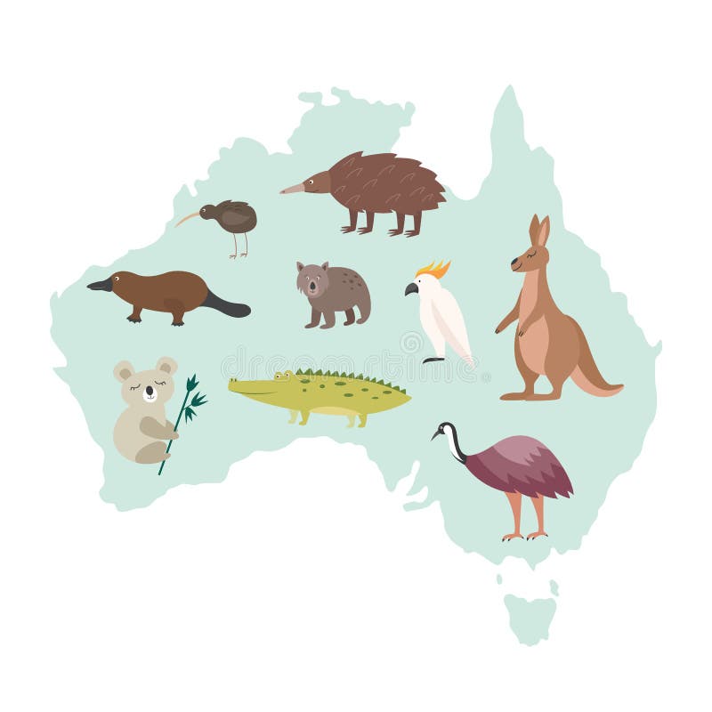 Australia Map with National Animals - Cartoon Australian Fauna Stock Vector  - Illustration of animal, silhouette: 195224145